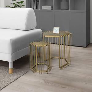 19.5 in. Antique Brass 2-Piece Hexagonal Top Metal Nesting End Side Table Set with Wire Frame