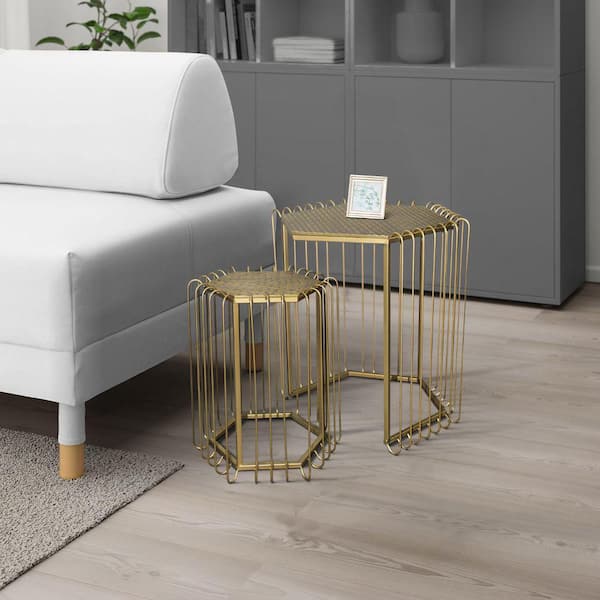 THE URBAN PORT 19.5 in. Antique Brass 2-Piece Hexagonal Top Metal Nesting End Side Table Set with Wire Frame
