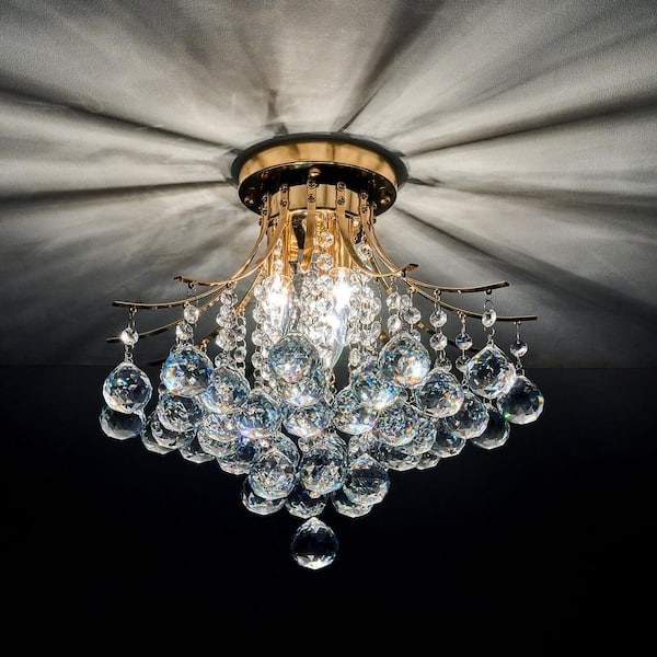 15.4 in. 3-Light Gold Crystal Chandelier Flush Mount Ceiling Light Fixture