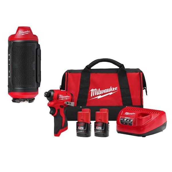 M12 12-Volt Lithium-Ion Cordless Bluetooth Jobsite Speaker with PACKOUT Compatibility, & Impact Driver Kit