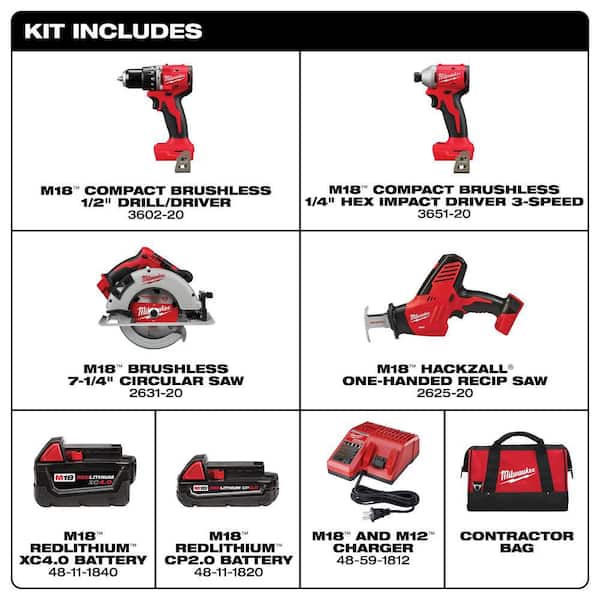 M18 18-Volt Lithium-Ion Brushless Cordless Combo Kit (4-Tool) with 2-Batteries, 1-Charger and Tool Bag