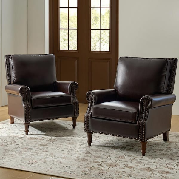 Rosal Espresso 33 in. W Genuine Leather Accent Armchair with Spindle Legs (Set of 2)