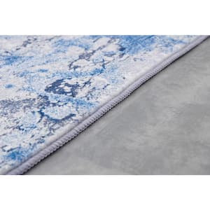 Zara Contemporary Silver/Blue 3 ft. x 5 ft. Washable Super Soft with Abstract Design Area Rug