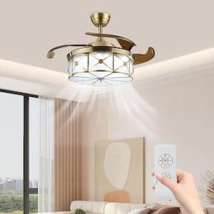 36 in. Vintage Tiffany Style Indoor LED Retractable 3-Color Lighting Brown Ceiling Fan Light with Remote Control