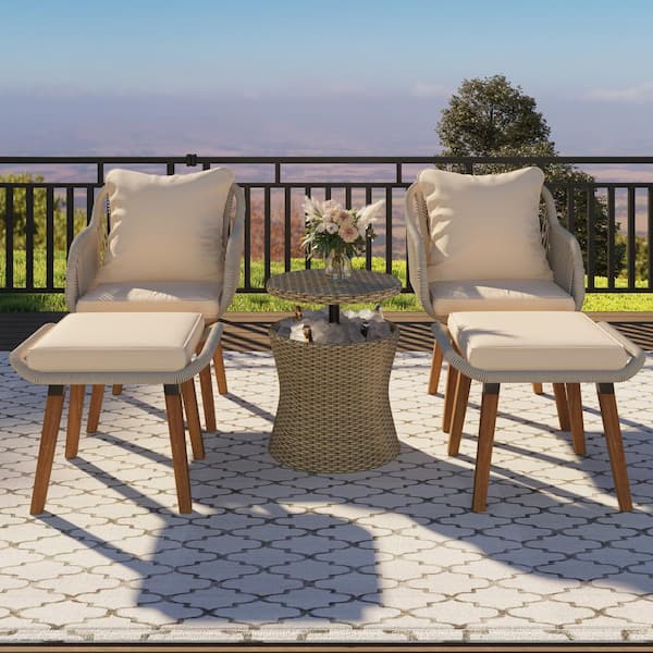 Unbranded Brown 5-Piece Wicker Outdoor Sectional Chair Set with Cool Bar Table, Ottomans and Cushions for Porch, Balcony, Poolside