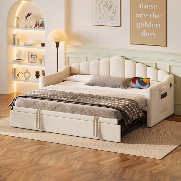 Beige Upholstered Twin Size Daybed with Adjustable Trundle Twin Bed, USB and Type C Charging Port