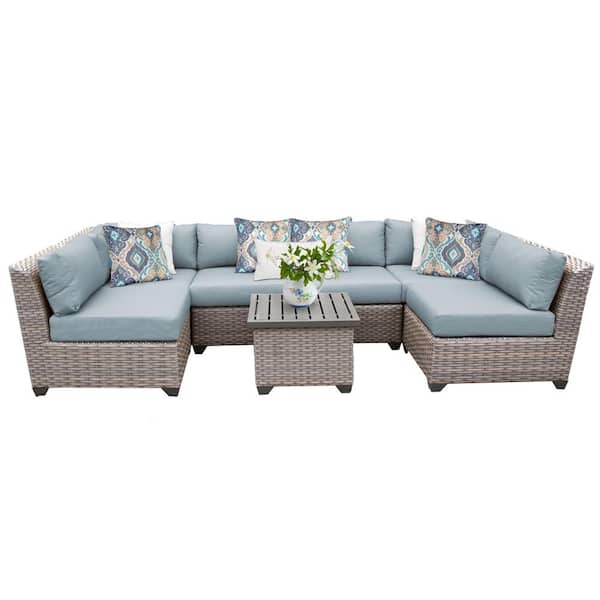 TK CLASSICS Florence 7-Piece Wicker Outdoor Patio Conversation Sectional  Seating Group with Spa Blue Cushions 2381417 - The Home Depot