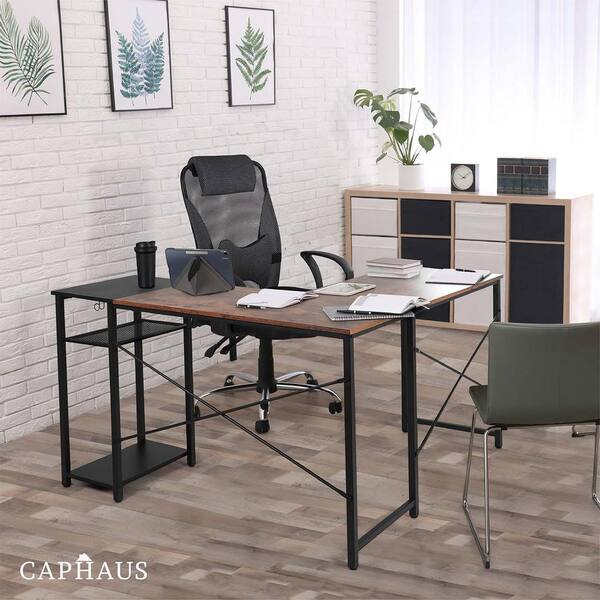 CAPHAUS 47 in. Home Office Desk, Study Writing Desk with 2-Tier Storage Shelves, Rustic Oak and Black