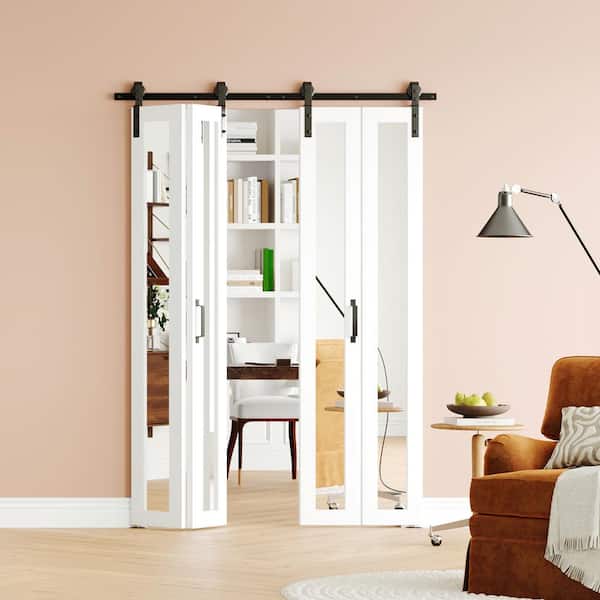 48 in. x 84 in. (24 in. W x2) Mirrored Glass, White, MDF, Bi-Fold Style, Full Lite Sliding Barn Door with Hardware Kit