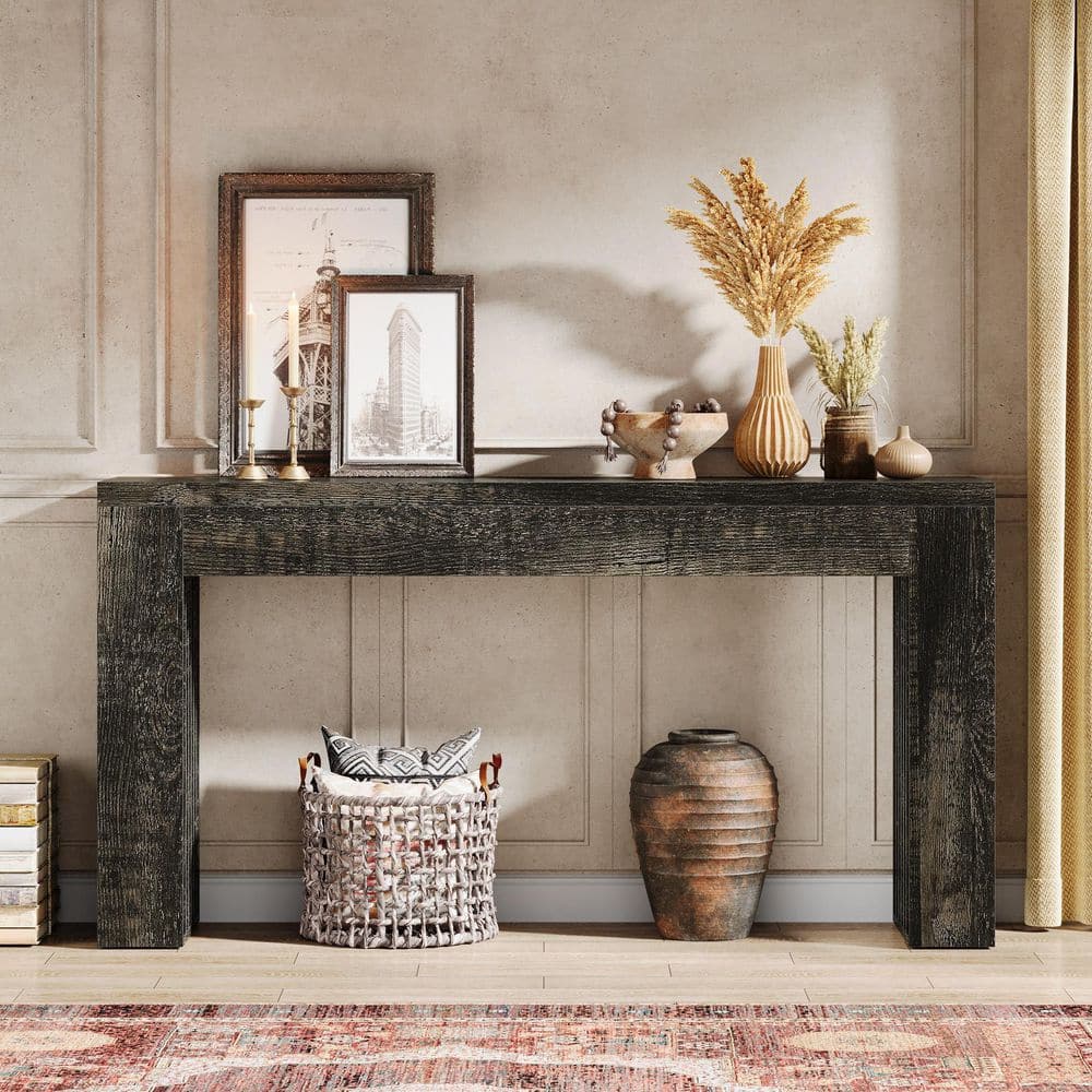 BYBLIGHT Turrella 59in. Rectangle Rustic Dark Gray Entry Table Wood ... - Rustic Minimalist Console Table Design Ideas