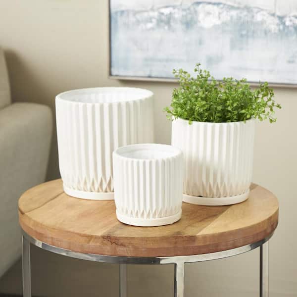 8 in., 7 in., and 5 in. Small White Ceramic Ribbed Planter with Attached Saucer (3- Pack)