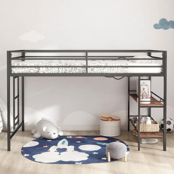 Black Twin Size Metal Loft Bed with Cinnamon wood shelf and climbing Ladder and Guardrails for Bedroom