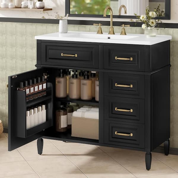 36 in. Freestanding Black Bath Vanity with White Ceramic Top Flip Drawer Design and Adjustable Shelf
