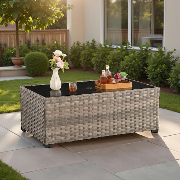 MISOBBR Outdoor PE Wicker Coffee Table Rectangle Tempered Glass Table with Umbrella Hole