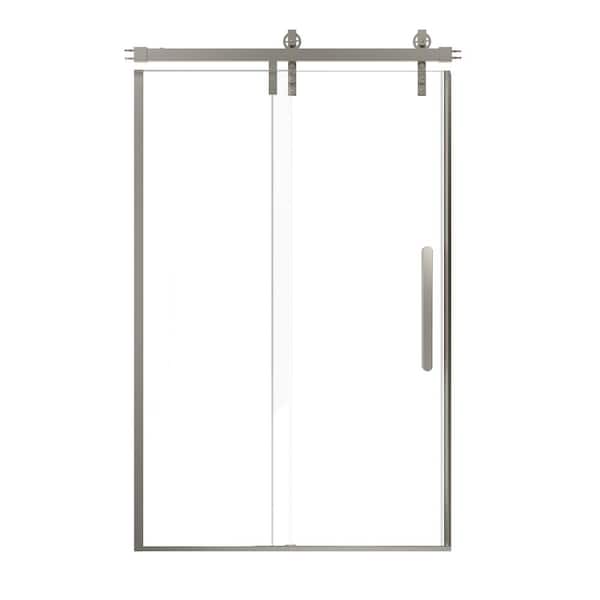 VANITYFUS 48 in. W x 76 in. H Single Sliding Frameless Shower Door in Brushed Nickel with 3/8 in. (10 mm) Clear Glass