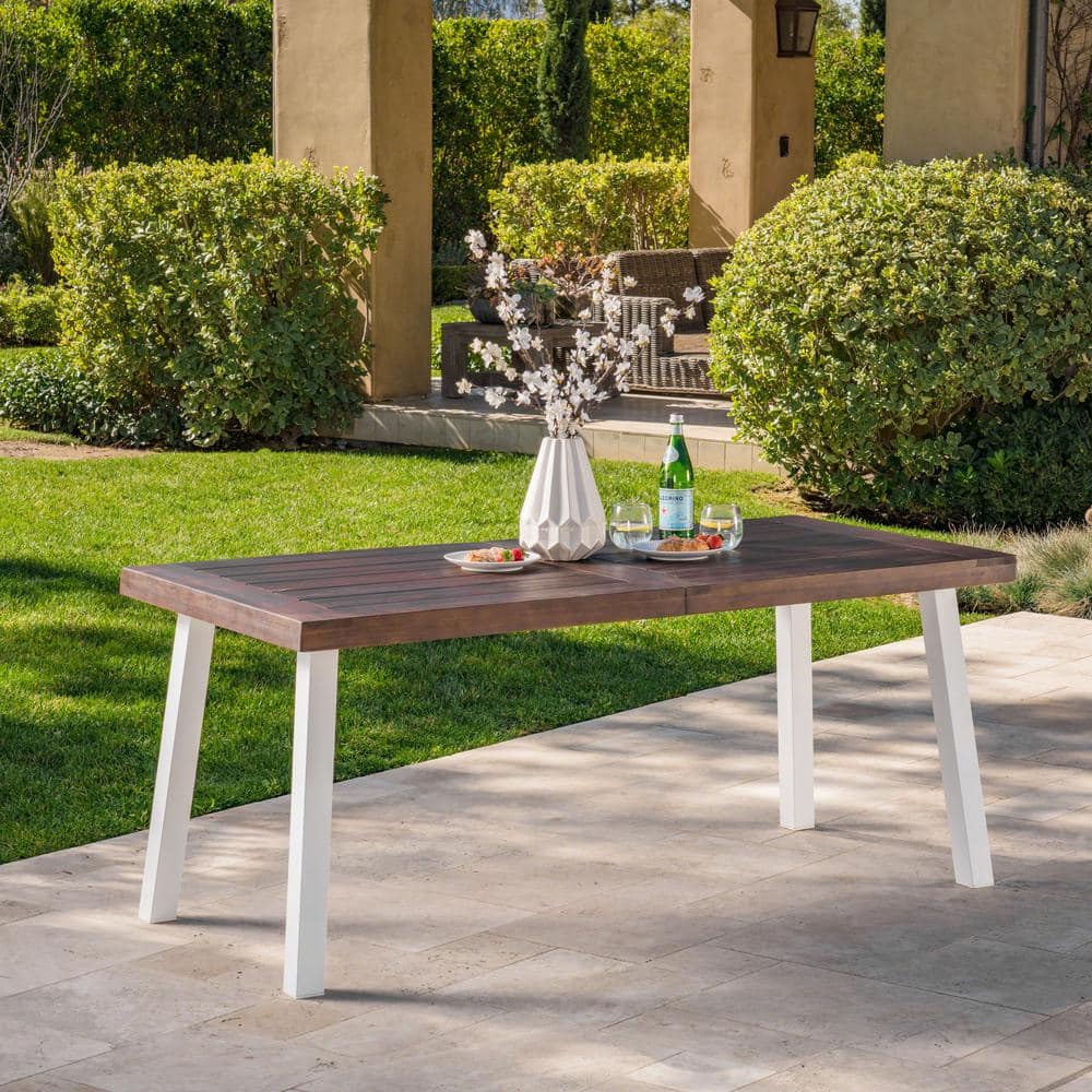 Noble House Della Dark Brown Wood And White Rustic Metal Outdoor Dining   Noble House Patio Dining Tables 39019 64 1000 