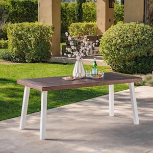 Della Dark Brown Wood and White Rustic Metal Outdoor Dining Table