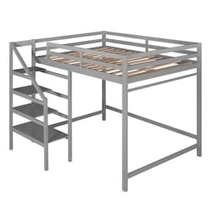 Gray Full Size Loft Bed with Built-in Storage Staircase and Hanger for Clothes