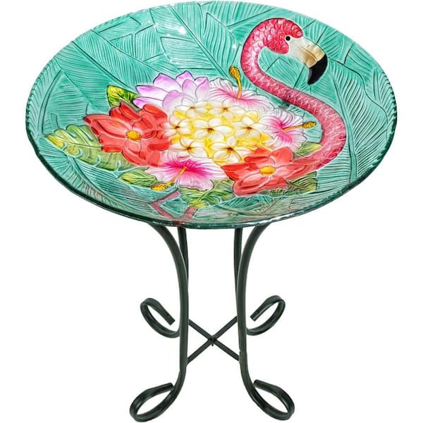 21 in. H x 18 in. Dia Tropical Flamingo Glass Birdbath with Foldable Metal Stand