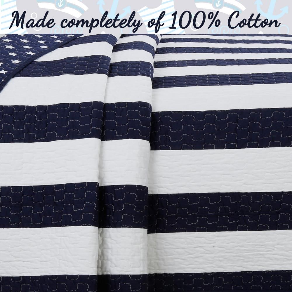 Navy Blue and White Striped Microfiber King Quilt Set