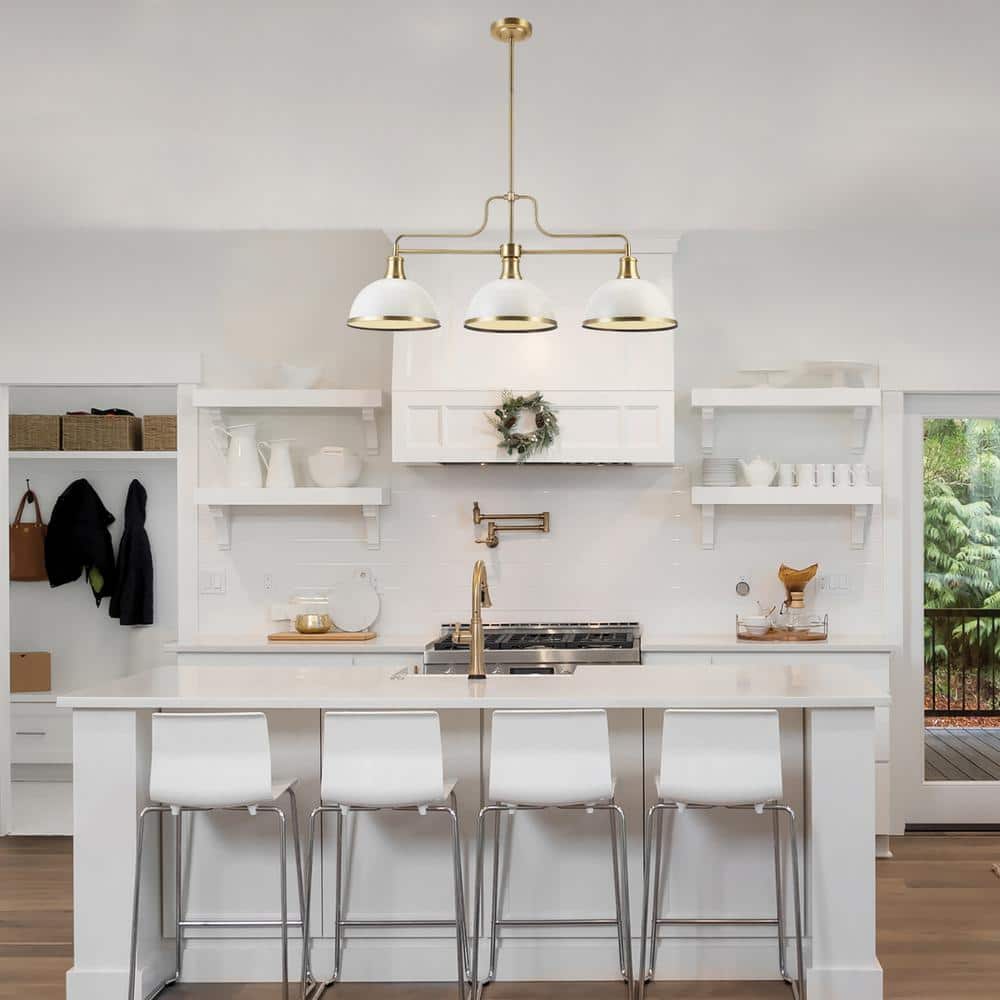 Matte White and Brass 3-Light Linear Chandelier