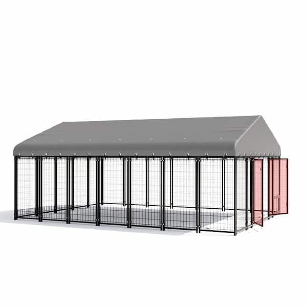 10 ft. x 20 ft. Large Dog Kennel Outdoor Dog Enclosure with Feeding and Double Swing Doors and Weatherproof Dog Cage