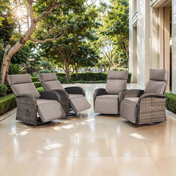 Plain Curve 4-Piece Brown Wicker Outdoor Adjustable Swivel Recliner Chair with Gray Cushions