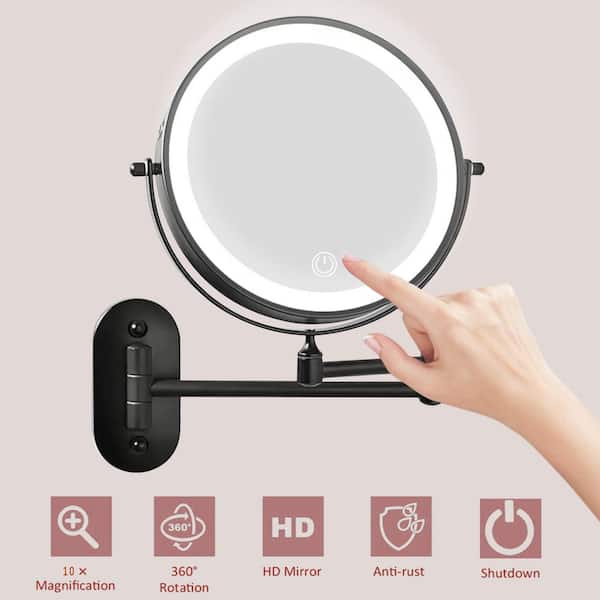 8 in. W x 8 in. H Round LED Magnifying Wall Bathroom Makeup Mirror Rechargeable Makeup Mirror in Black