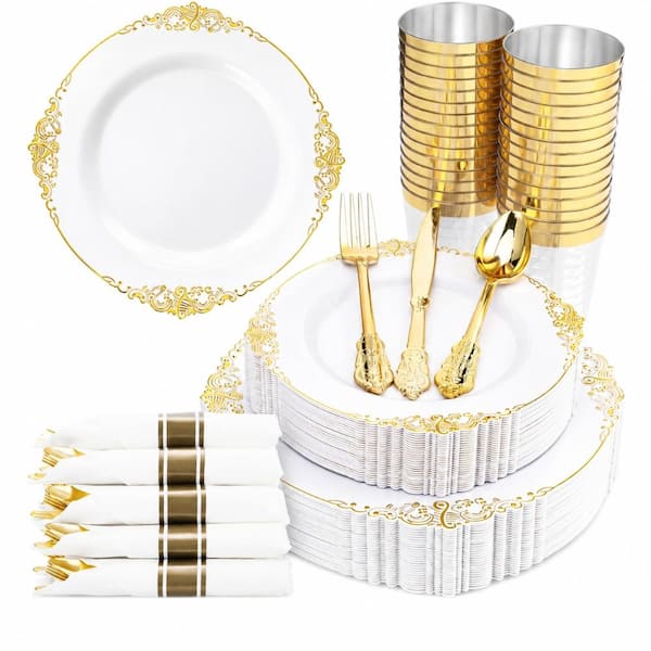 350-Piece White and Gold Rim Plastic Dinnerware Set for 50 Guests with Plates, Cups, Silverware and Napkins