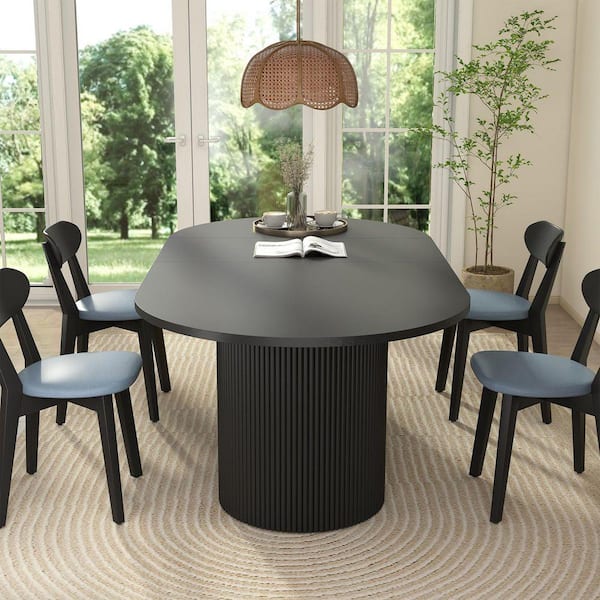 ATHMILE Black Wood 78.74 in. Double Pedestal Dining Table Seats 8