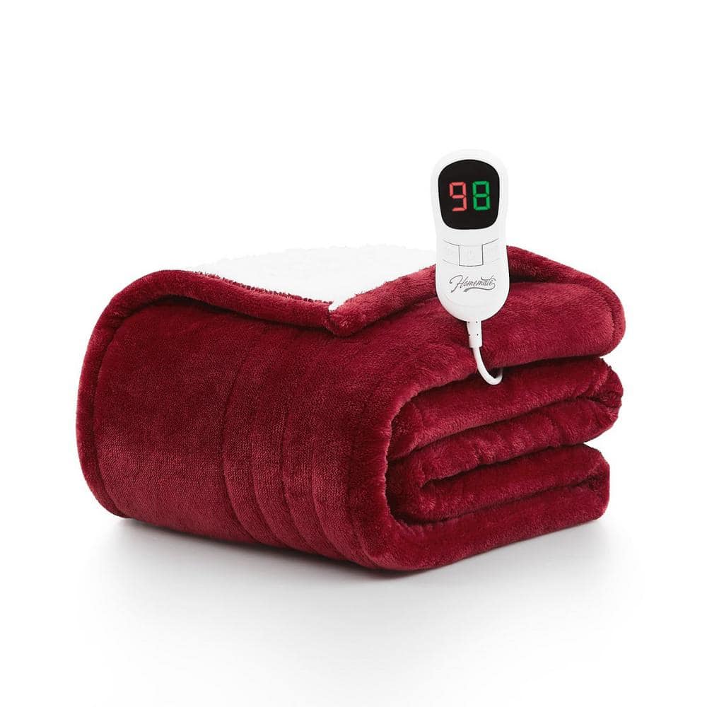Ruby Red 50 in. x 60 in. Flannel Sherpa Electric Throw Blanket with 10 Heat