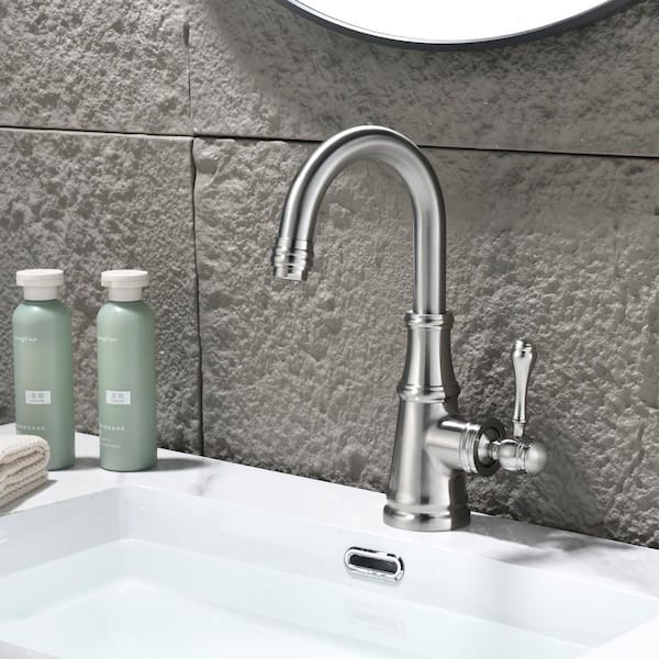 Single Handle Single Hole Bathroom Faucet with 180° Swivel Spout Vanity Sink Taps in Brushed Nickel