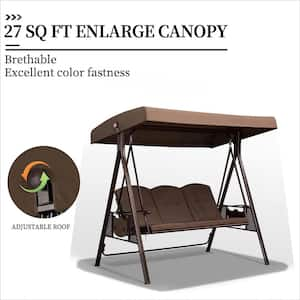 3-Person Steel Metal Patio Swing with Foldable Side Table, Canopy and Cushions, Beige