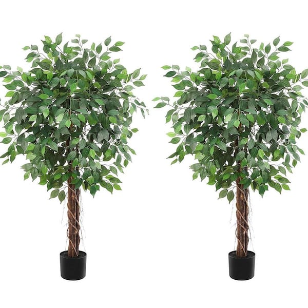 5 ft. 2 Pack Artificial Ficus Tree with Natural Wood Trunks, Fake Tree with Pot for Indoor Home Decor