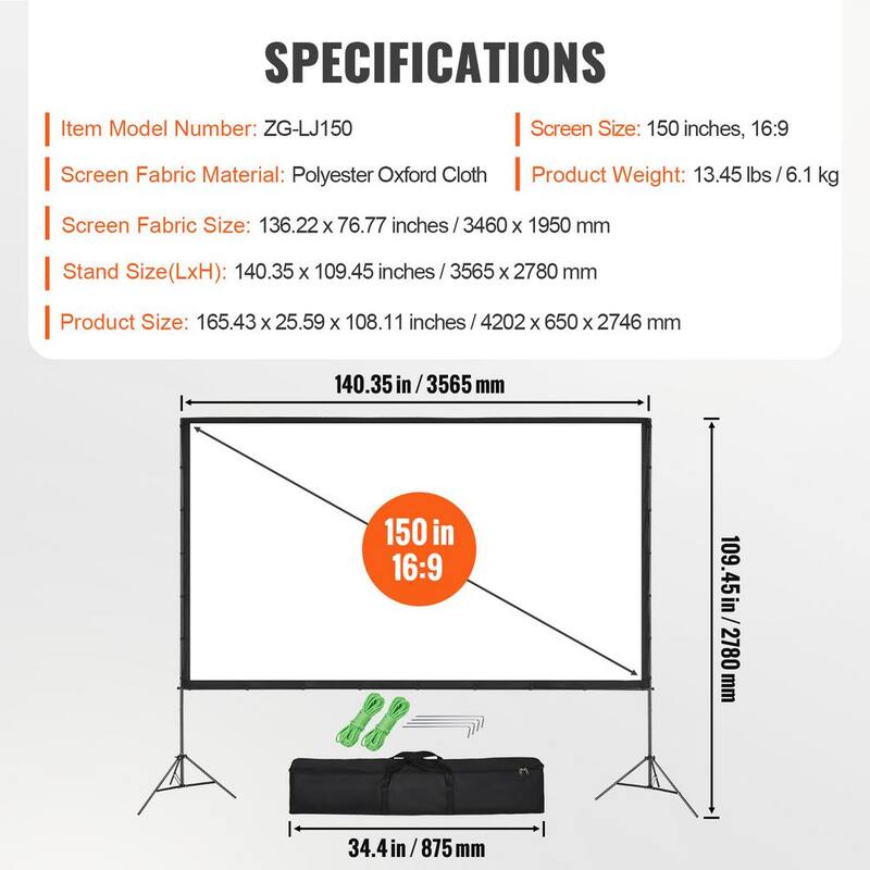 Projector Screen 150 in. with Stand Outdoor Movie Screen with Stand Wrinkle-Free Projection Screen with Tripods