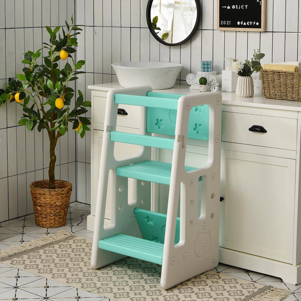 Green and White Toddler Kitchen Helper Step Stool with Safety Features