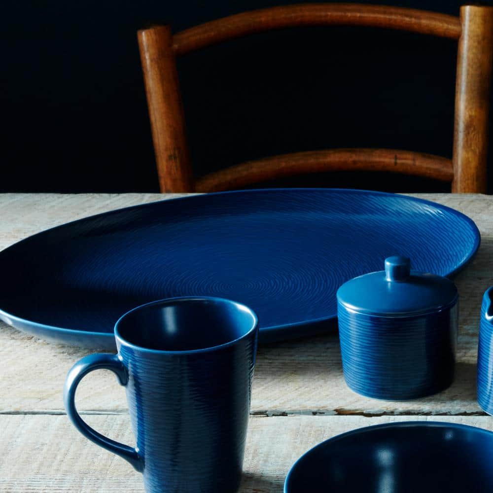 Navy Ceramic Oval Platter with Concentric Circles, 17"