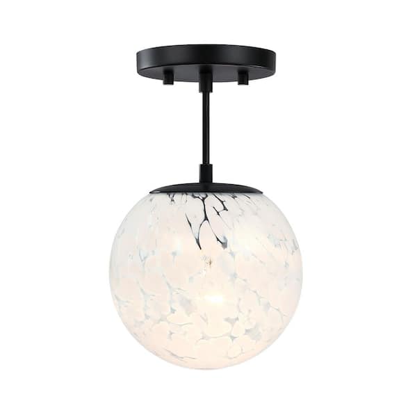 Designers Fountain - Circo 7 in. 1-Light Matte Black Transitional Entryway Semi-Flush Mount with White Art Glass Shade