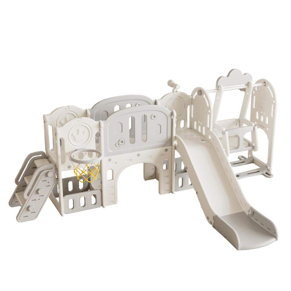 Gray 11 in 1 Baby Slide Outdoor Indoor Playground with Basketball Hoop and 