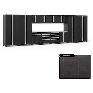 Pro Series 256 in. W x 84.75 in. H x 24 in. D Steel Cabinet Set in Black ( 14- Piece ) with 800 sqft Flooring Bundle