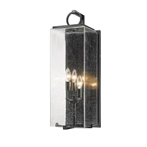 Sana 7.5 in. 3-Light Outdoor Coach Wall Sconce Black with Seedy Glass Shade