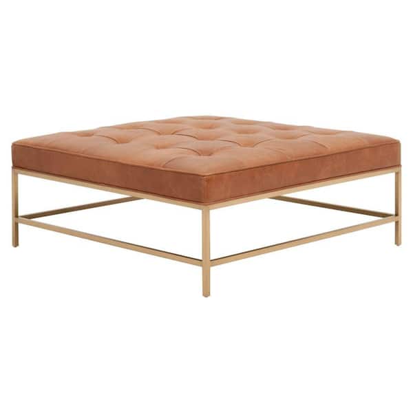 Benjara 41.5 in. Brass and Brown Square Leather Top Coffee Table