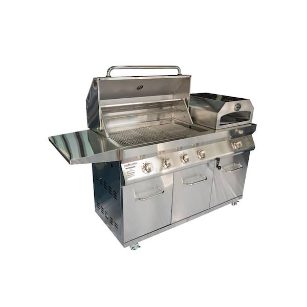 4-Burner Propane Gas Grill with Pizza Oven and Adjustable Height Grates in Stainless Steel