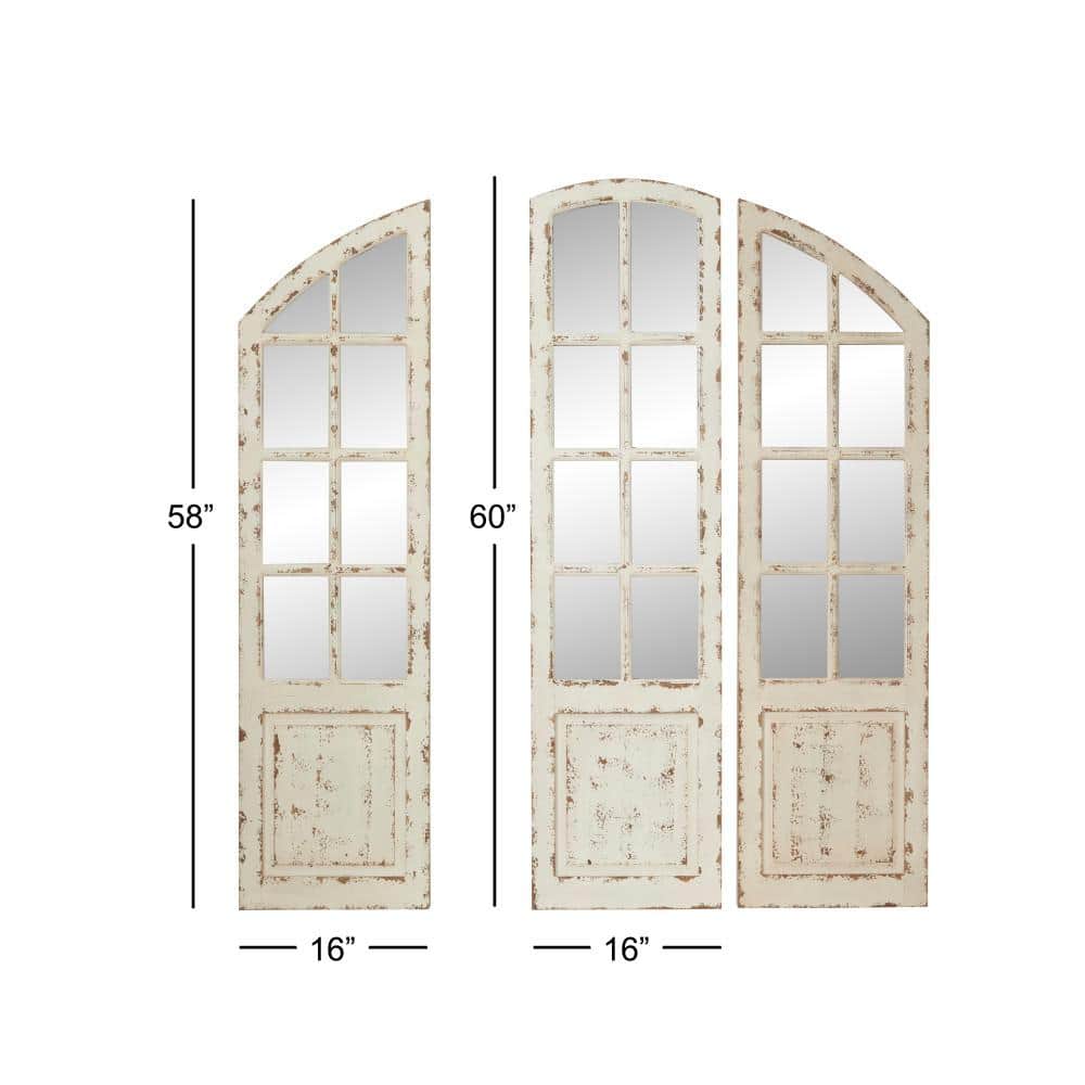 White Distressed Wood Windowpane Arched Decorative Mirror Set
