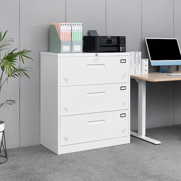 Tenleaf White 3 Drawer Lateral Filing Cabinet For Legal Letter A4 Size Large Deep Drawers Locked By Keys Sxb262865 The