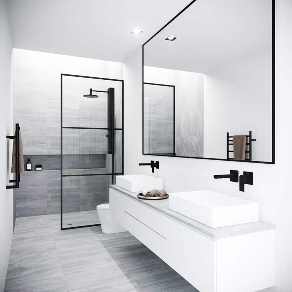 Matte Black 34" x 74" Framed Shower Screen with Fluted Glass