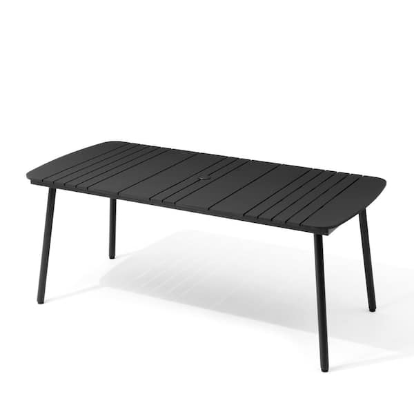 70.9 in. Black Aluminum Outdoor Dining Table with Umbrella Hole Rectangle Patio Dining Table with Wood-Like Tabletop