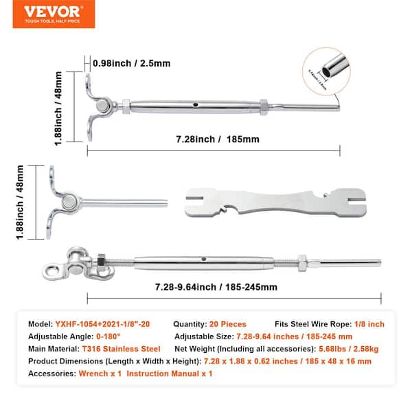 VEVOR T316 Stainless Steel Adjustable Angle 1/8 in. Cable Railing Kit Hardware for Wood Post Easy Installation Silver 20 Pack