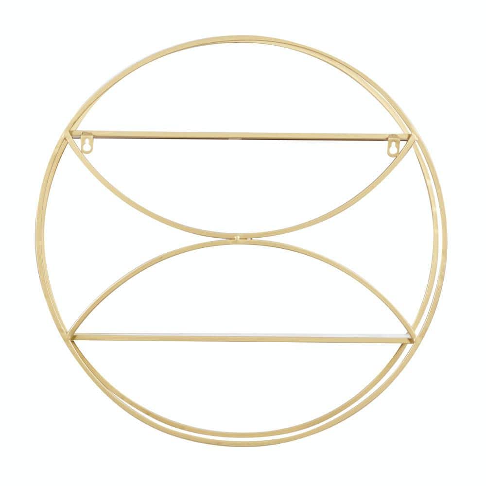 Contemporary Gold Round Iron & Wood Wall Shelf, 22" x 7"