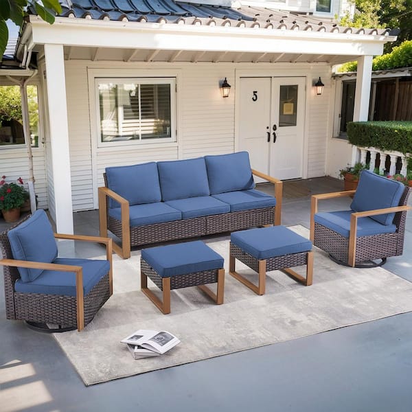 Gymojoy Allcot 5-Piece Brown Wicker Outdoor Sofa Set Patio Conversation Set with Cushion Guard Blue Cushions